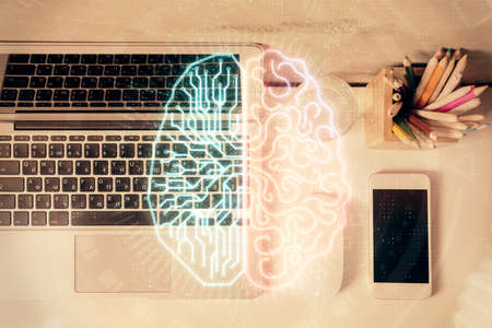 Multi exposure of brain sketch hologram over topview work table background with computer. Concept of big data.の写真素材