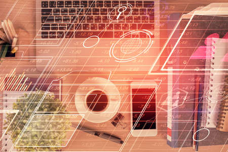 Double exposure of technology theme drawing over work table desktop. Top view. Global data analysis...