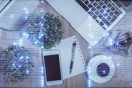 Multi exposure of technology theme drawing over table with phone. Top view. Concept of hightech.の写真素材