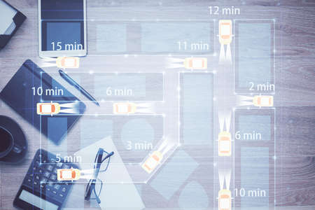 Double exposure of automobile theme drawing and work table top veiw. Concept of technology in auto...