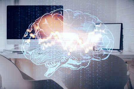 Multi exposure of brain drawing and office interior background. Concept of data technology.