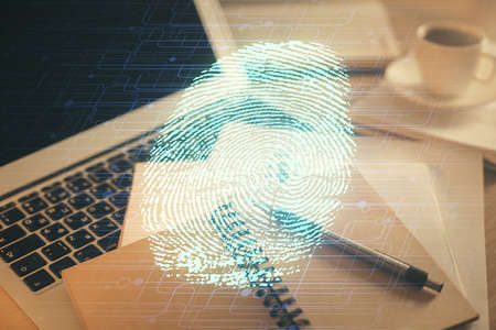 Double exposure of fingerprint drawing and desktop with coffee and items on table background....