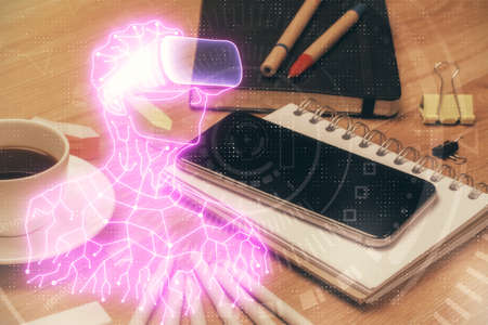 Double exposure of man wearing VR glasses drawing and mobile phone background. Concept of AR,...