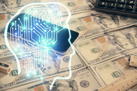 Double exposure of brain drawing over us dollars bill background. Technology concept.の写真素材