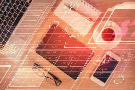 Double exposure of technology theme drawing over work table desktop. Top view. Global data analysis concept.の写真素材