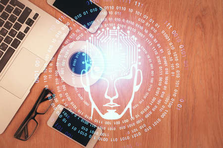 Multi exposure of brain drawing over work table desktop. Top view. Global data analysis concept.