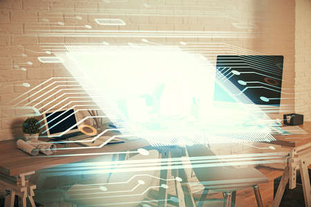 Double exposure of data theme drawing and office interior background. Concept of technology.