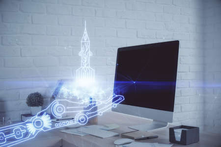 Multi exposure of creative theme drawings and office interior background.の写真素材