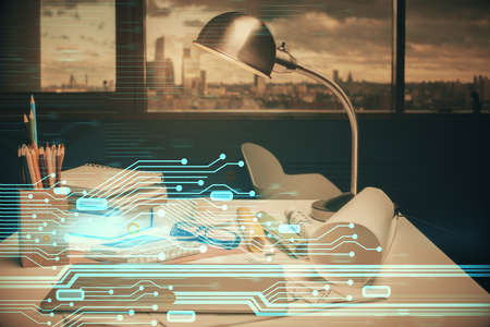 Double exposure of data theme drawing and office interior background. Concept of technology.の写真素材