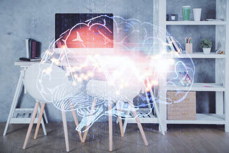 Multi exposure of brain drawing and office interior background. Concept of data technology.の写真素材