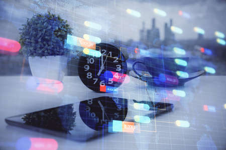 Double exposure of data theme drawing and mobile phone background. Concept of innovationの写真素材