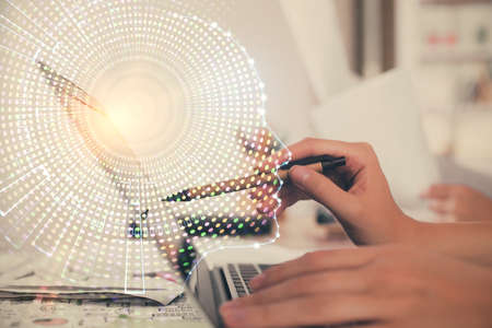 Multi exposure of woman hands working on computer and brain hologram drawing. Ai concept.