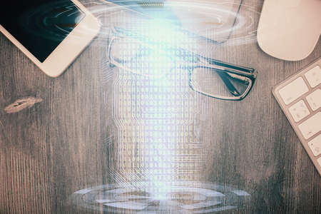 Multi exposure of technology theme drawing over work table desktop. Top view. Global data analysis concept.の写真素材