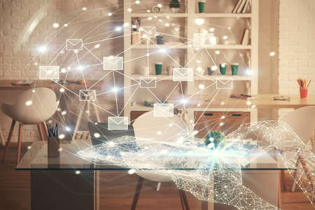Multi exposure of envelops drawings and office interior background. E-mail concept.