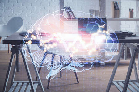 Multi exposure of brain drawing and office interior background. Concept of data technology.