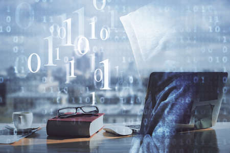 Multi exposure of data theme drawings and desk with open notebook background. Concept of education