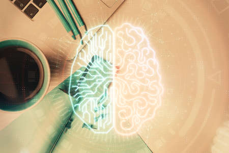 Multi exposure of brain sketch hologram over topview work table background with computer. Concept of big data.の写真素材