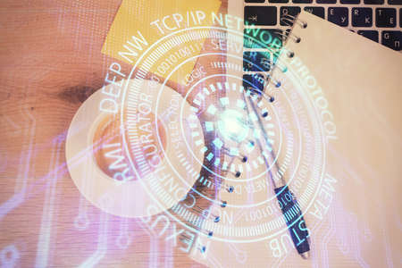 Double exposure of data drawing hologram over topview of study desk background with computer. Concept of Ai.の写真素材