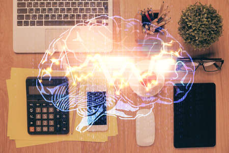 Multi exposure of brain drawing over work table desktop. Top view. Global data analysis concept.
