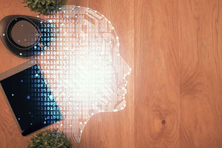 Multi exposure of brain drawing over work table desktop. Top view. Global data analysis concept.