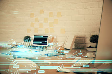 Double exposure of data theme drawing and office interior background. Concept of technology.