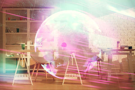 Double exposure of tech theme drawings and office interior background. Technology concept.
