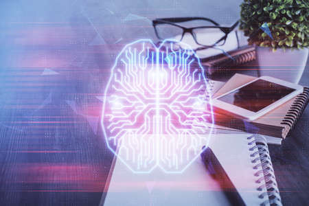 Double exposure of brain theme drawing and cell phone background. Concept of information