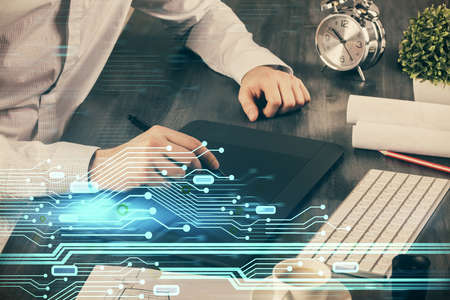Multi exposure of man's hands holding and using a digital device and data theme drawing. Innovation...