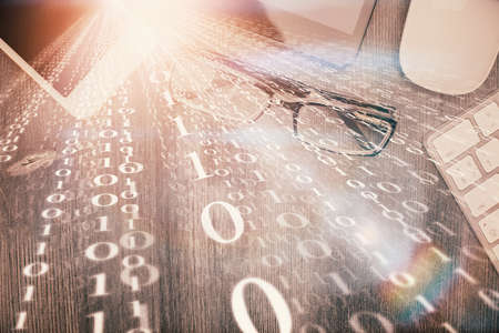 Multi exposure of technology theme drawing over work table desktop. Top view. Global data analysis...