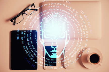 Multi exposure of brain drawing over work table desktop. Top view. Global data analysis concept.