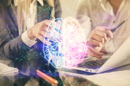Double exposure of man and woman working together and brain drawing hologram. Intellectual...