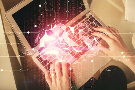 Double exposure of woman working on computer andhuman brain hologram drawing. Top View. Ai concept.