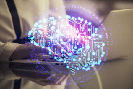 Multi exposure of woman hands working on computer and human brain hologram drawing. Ai tech concept.