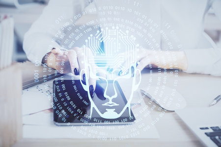 Double exposure of brain sketch hologram and woman holding and using a mobile device.