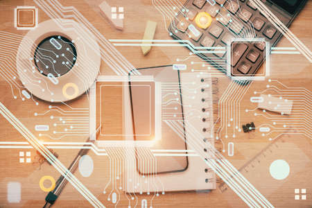 Multi exposure of technology theme drawing over work table desktop. Top view. Global data analysis...