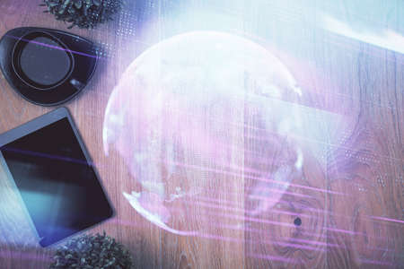 Multi exposure of technology theme drawing over table with phone. Top view. Concept of hightech.