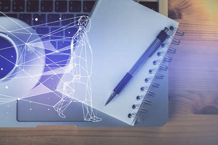 Double exposure of creative drawing and work table top veiw. Concept of startup.