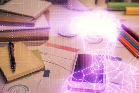 Double exposure of man wearing VR glasses drawing and mobile phone background. Concept of AR,...