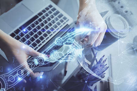 Double exposure of woman hands typing on computer and technology theme drawing. High Tech concept.の写真素材