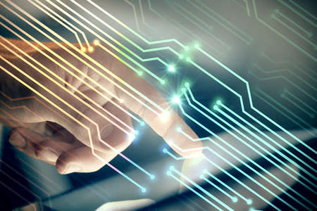 Multi exposure of man's hand holding and using a digital device and data theme drawing. Innovation...