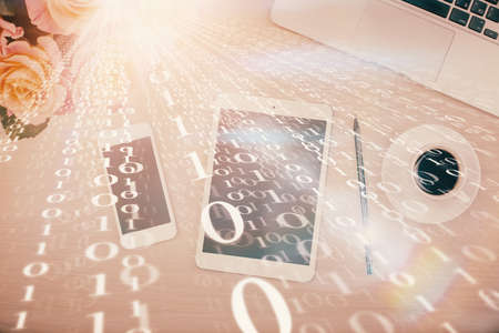 Multi exposure of technology theme drawing over work table desktop. Top view. Global data analysis...