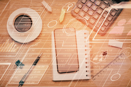 Multi exposure of technology theme drawing over work table desktop. Top view. Global data analysis concept.の写真素材