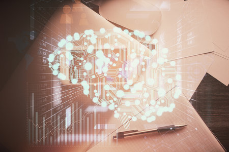 Double exposure of brain drawing over work table desktop. Top view. Global data analysis concept.の写真素材