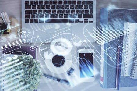 Multi exposure of technology theme drawing over table with phone. Top view. Concept of hightech.