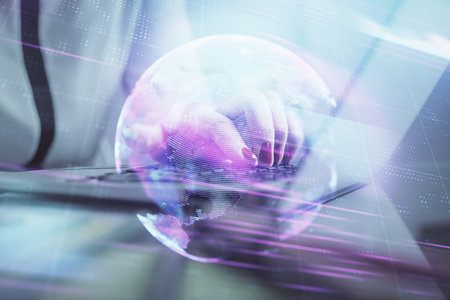 Double exposure of woman hands typing on computer and technology theme drawing. High Tech concept.