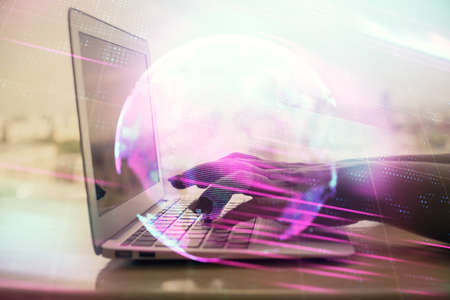 Double exposure of woman hands typing on computer and technology theme drawing. High Tech concept.の写真素材