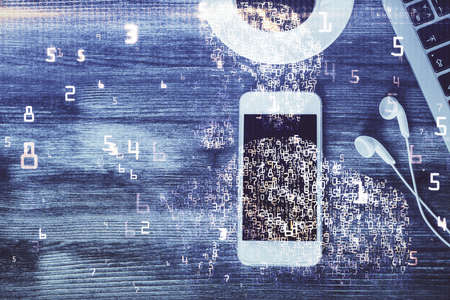 Multi exposure of technology theme drawing over table with phone. Top view. Concept of hightech.の写真素材