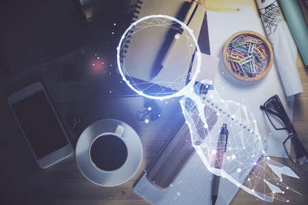 Double exposure of creative drawing and work table top veiw. Concept of startup.の写真素材