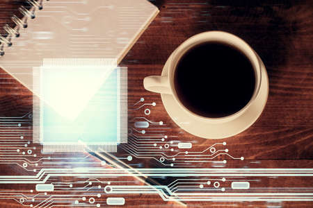 Double exposure of data theme drawing and office interior background. Concept of technology.の写真素材