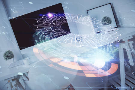Multi exposure of data theme drawing and office interior background. Concept of technology.